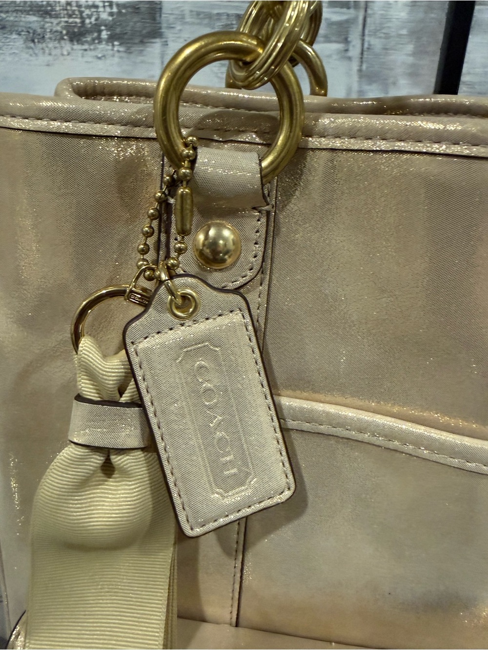 Coach Shimmery Champagne Leather Shoulder Bag with Gold Chain Straps - Picture 2 of 11